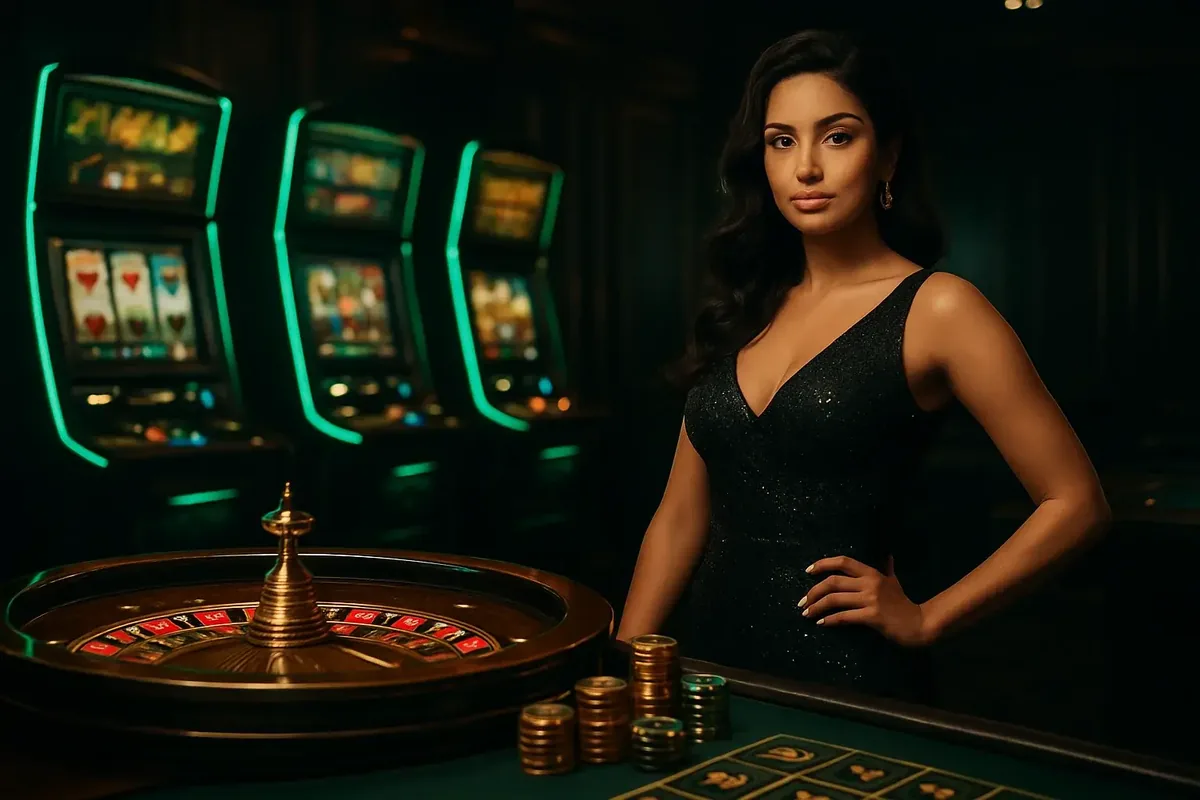 Elegant Casino Banner Confident woman in evening dress near roulette and slot machines in luxury Bangladeshi casino with neon green and gold accents