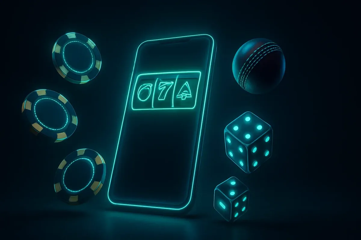 Mobile Casino Banner Glowing smartphone with casino chips, slot reels, dice, and cricket ball on dark luxurious background